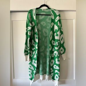 Green and White Leopard Print Women's Sweater